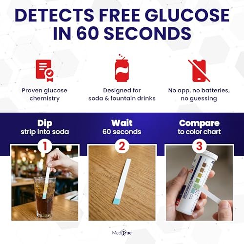 MediTrue Diet Check – 50 Diät-Soda-Teststreifen zum Erkennen von Nicht-Diät-Getränken – Ideal für Diabetiker, Keto- und Zuckerfreie Ernährung – 50 Streifen – Überprüfen Sie Ihr Diätgetränk in Sekunden