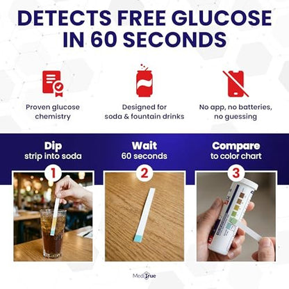 MediTrue Diet Check – 50 Diät-Soda-Teststreifen zum Erkennen von Nicht-Diät-Getränken – Ideal für Diabetiker, Keto- und Zuckerfreie Ernährung – 50 Streifen – Überprüfen Sie Ihr Diätgetränk in Sekunden
