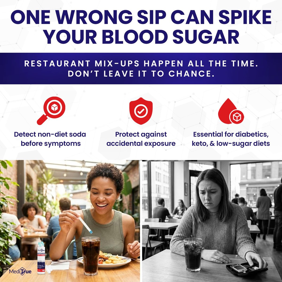 MediTrue Diet Check – 50 Diät-Soda-Teststreifen zum Erkennen von Nicht-Diät-Getränken – Ideal für Diabetiker, Keto- und Zuckerfreie Ernährung – 50 Streifen – Überprüfen Sie Ihr Diätgetränk in Sekunden
