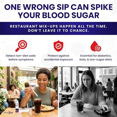 MediTrue Diet Check – 50 Diät-Soda-Teststreifen zum Erkennen von Nicht-Diät-Getränken – Ideal für Diabetiker, Keto- und Zuckerfreie Ernährung – 50 Streifen – Überprüfen Sie Ihr Diätgetränk in Sekunden