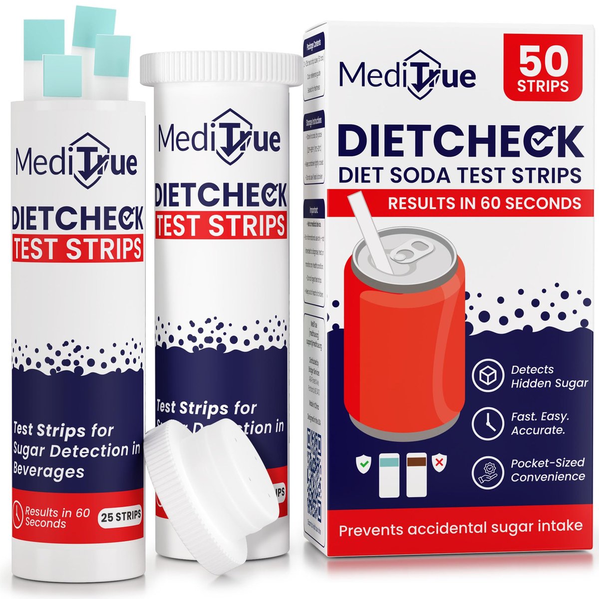 MediTrue Diet Check – 50 Diät-Soda-Teststreifen zum Erkennen von Nicht-Diät-Getränken – Ideal für Diabetiker, Keto- und Zuckerfreie Ernährung – 50 Streifen – Überprüfen Sie Ihr Diätgetränk in Sekunden