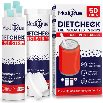MediTrue Diet Check – 50 Diät-Soda-Teststreifen zum Erkennen von Nicht-Diät-Getränken – Ideal für Diabetiker, Keto- und Zuckerfreie Ernährung – 50 Streifen – Überprüfen Sie Ihr Diätgetränk in Sekunden