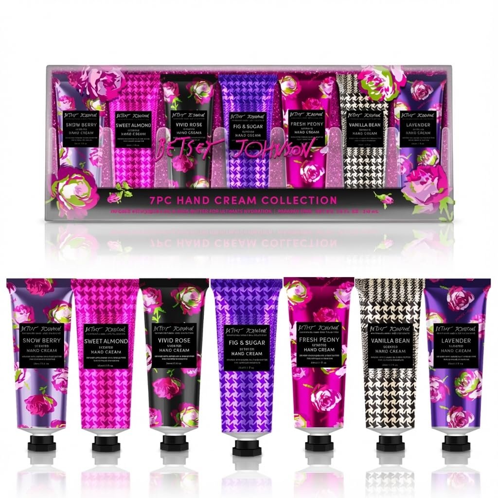 Betsey Johnson Handcreme-Geschenkset – 7-teilige Reisegröße-Lotion-Kollektion für Frauen, Mini-Handcreme für trockene Haut, feuchtigkeitsspendende Handlotion mit Lavendel, Rose, Vanille & mehr – je 30 ml