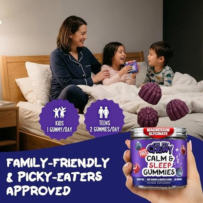 OH MY CHEWY Magnesium Glycinat Gummibärchen für Kinder & Jugendliche - Schlaf & Entspannung, Zuckerfrei & Ohne Melatonin, mit Kamille, L-Theanin und Melisse - 60 Stück