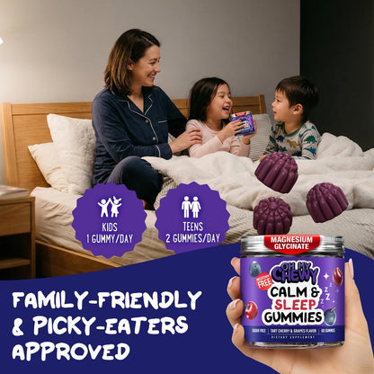 OH MY CHEWY Magnesium Glycinat Gummibärchen für Kinder & Jugendliche - Schlaf & Entspannung, Zuckerfrei & Ohne Melatonin, mit Kamille, L-Theanin und Melisse - 60 Stück