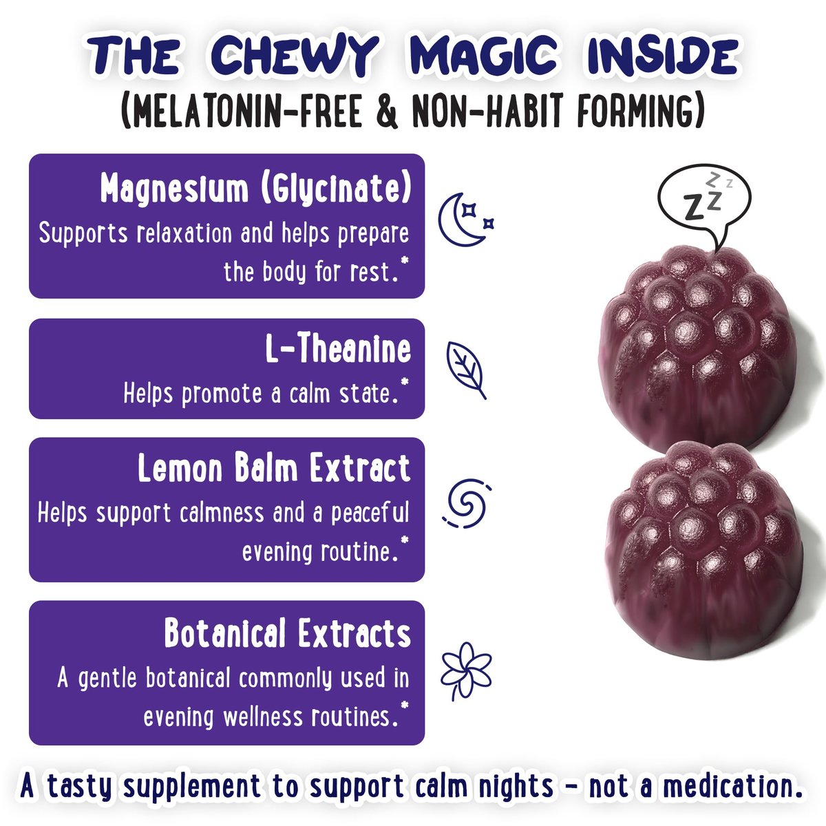 OH MY CHEWY Magnesium Glycinat Gummibärchen für Kinder & Jugendliche - Schlaf & Entspannung, Zuckerfrei & Ohne Melatonin, mit Kamille, L-Theanin und Melisse - 60 Stück