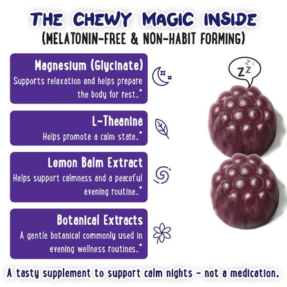 OH MY CHEWY Magnesium Glycinat Gummibärchen für Kinder & Jugendliche - Schlaf & Entspannung, Zuckerfrei & Ohne Melatonin, mit Kamille, L-Theanin und Melisse - 60 Stück