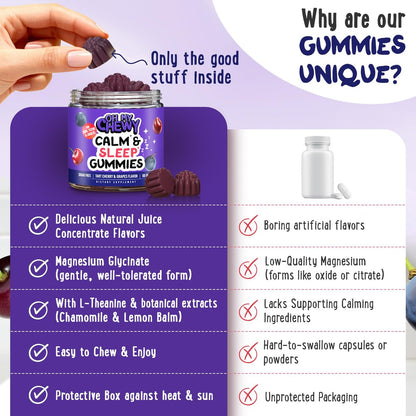 OH MY CHEWY Magnesium Glycinat Gummibärchen für Kinder & Jugendliche - Schlaf & Entspannung, Zuckerfrei & Ohne Melatonin, mit Kamille, L-Theanin und Melisse - 60 Stück