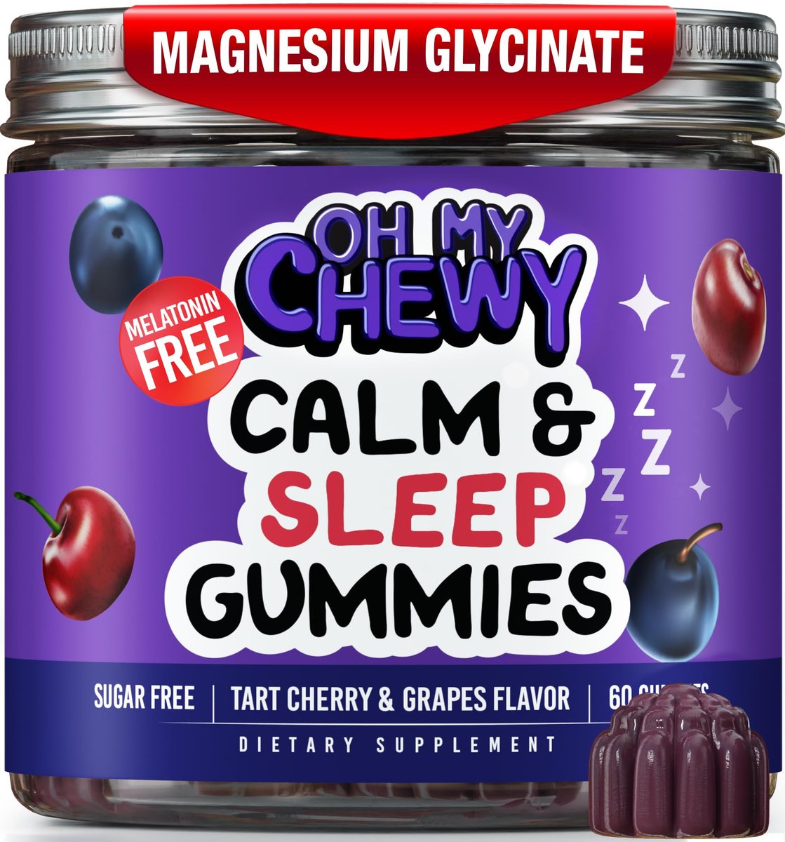 OH MY CHEWY Magnesium Glycinat Gummibärchen für Kinder & Jugendliche - Schlaf & Entspannung, Zuckerfrei & Ohne Melatonin, mit Kamille, L-Theanin und Melisse - 60 Stück