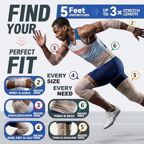 FRESINIDER Premium Elastische Bandage Wickel, 6er Pack 5" Baumwoll-Kompressionswickel mit Klettverschluss an beiden Enden, Knie-, Schulter- und Beinstütze, 5 Fuß lang (dehnbar bis 15 Fuß), Sport & Erste Hilfe