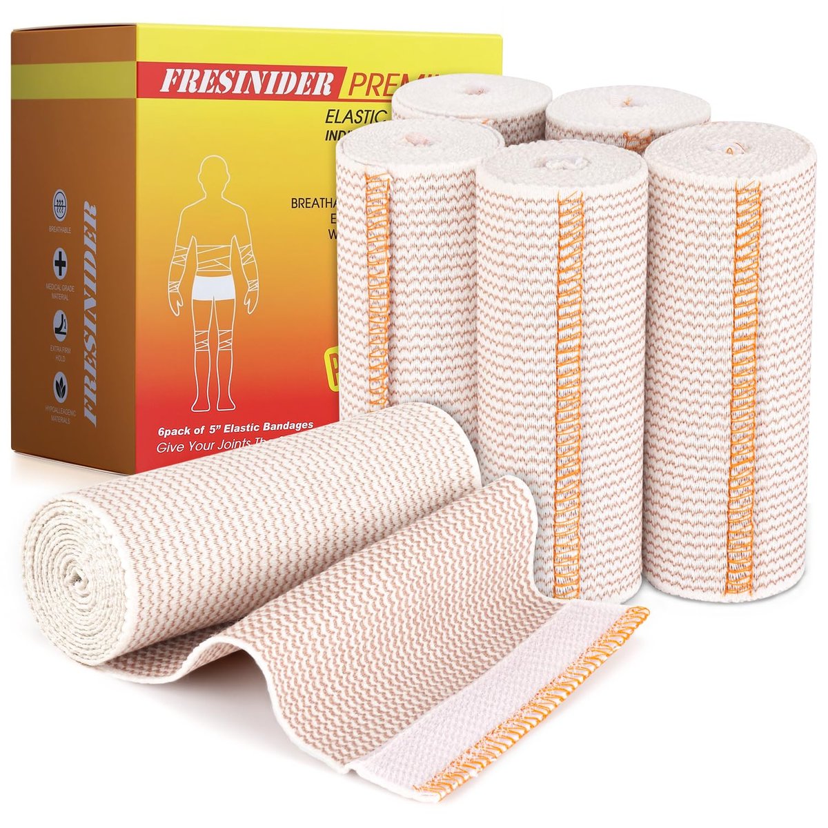 FRESINIDER Premium Elastische Bandage Wickel, 6er Pack 5" Baumwoll-Kompressionswickel mit Klettverschluss an beiden Enden, Knie-, Schulter- und Beinstütze, 5 Fuß lang (dehnbar bis 15 Fuß), Sport & Erste Hilfe