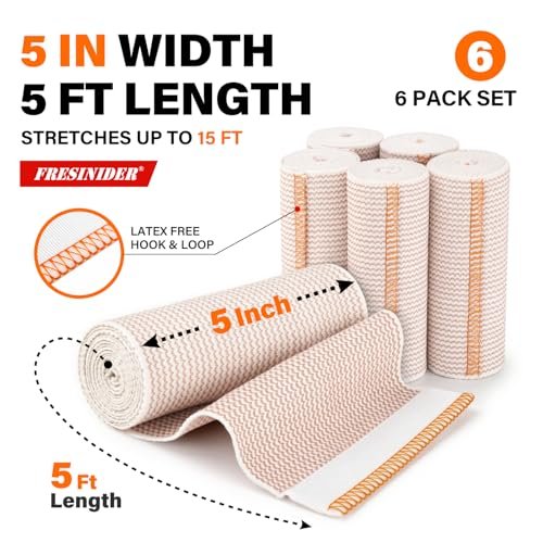 FRESINIDER Premium Elastische Bandage Wickel, 6er Pack 5" Baumwoll-Kompressionswickel mit Klettverschluss an beiden Enden, Knie-, Schulter- und Beinstütze, 5 Fuß lang (dehnbar bis 15 Fuß), Sport & Erste Hilfe