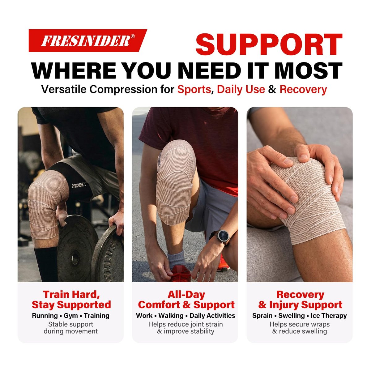 FRESINIDER Premium Elastische Bandage Wickel, 6er Pack 5" Baumwoll-Kompressionswickel mit Klettverschluss an beiden Enden, Knie-, Schulter- und Beinstütze, 5 Fuß lang (dehnbar bis 15 Fuß), Sport & Erste Hilfe