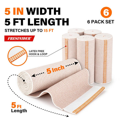 FRESINIDER Premium Elastische Bandage Wickel, 6er Pack 5" Baumwoll-Kompressionswickel mit Klettverschluss an beiden Enden, Knie-, Schulter- und Beinstütze, 5 Fuß lang (dehnbar bis 15 Fuß), Sport & Erste Hilfe