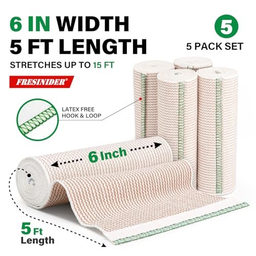 FRESINIDER Premium Elastische Bandage Wickel, 5er Pack 6" Baumwoll-Kompressionswickel mit Klettverschluss an beiden Enden, Oberschenkel-, Schulter- und Beinstütze, 5 Fuß lang (dehnbar bis 15 Fuß), Sport & Erste Hilfe