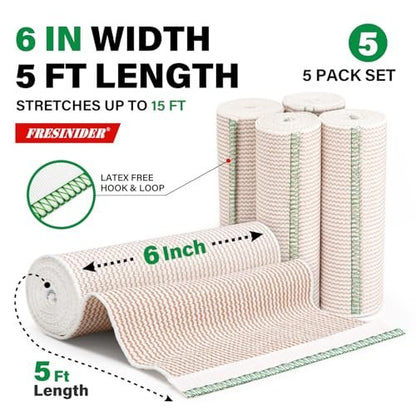 FRESINIDER Premium Elastische Bandage Wickel, 5er Pack 6" Baumwoll-Kompressionswickel mit Klettverschluss an beiden Enden, Oberschenkel-, Schulter- und Beinstütze, 5 Fuß lang (dehnbar bis 15 Fuß), Sport & Erste Hilfe