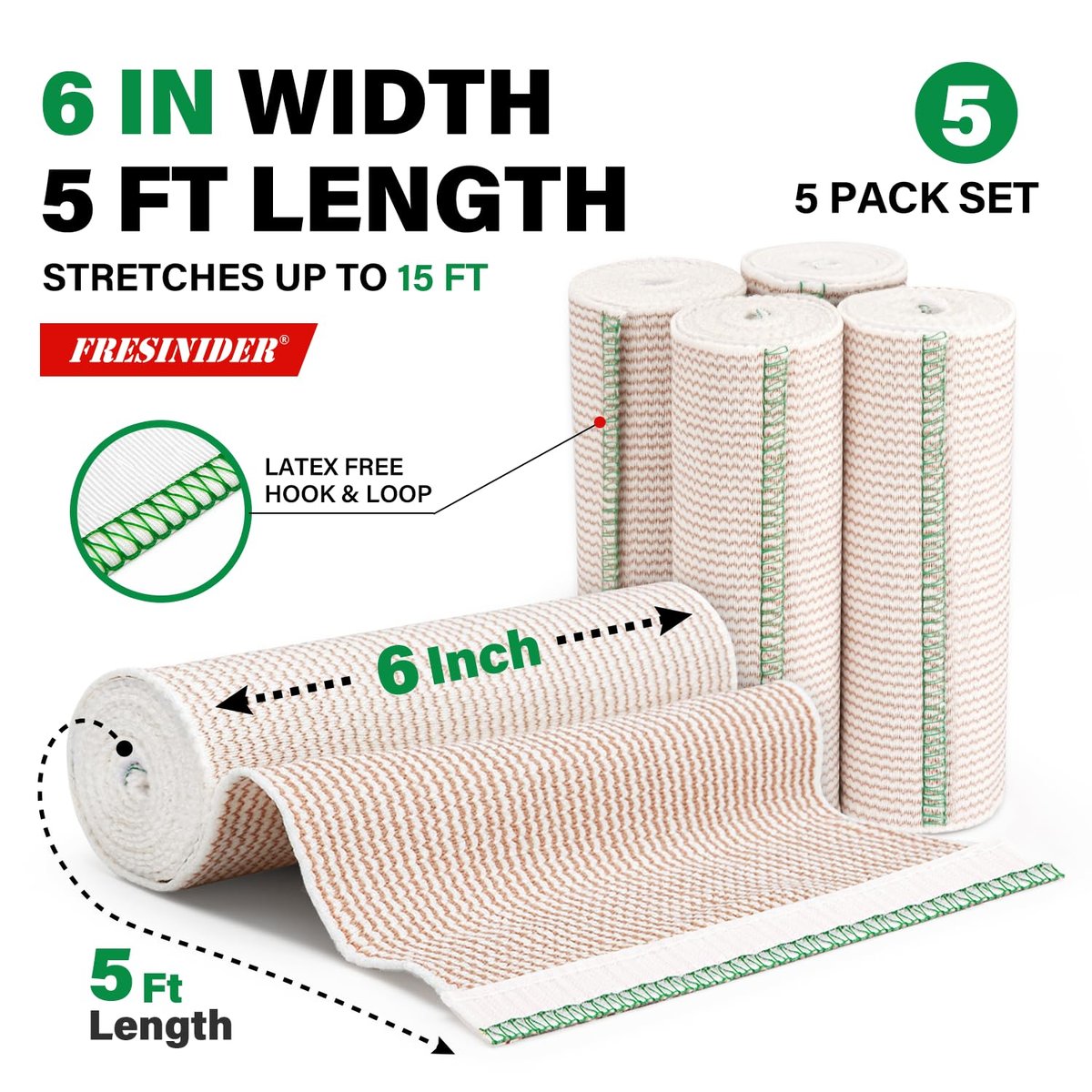 FRESINIDER Premium Elastische Bandage Wickel, 5er Pack 6" Baumwoll-Kompressionswickel mit Klettverschluss an beiden Enden, Oberschenkel-, Schulter- und Beinstütze, 5 Fuß lang (dehnbar bis 15 Fuß), Sport & Erste Hilfe