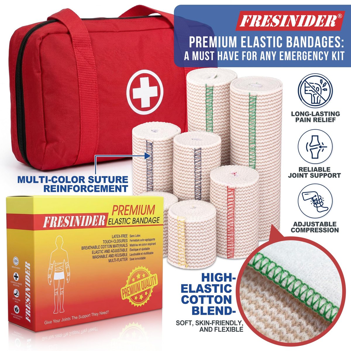 FRESINIDER Premium Elastische Bandage Wickel, 5er Pack 6" Baumwoll-Kompressionswickel mit Klettverschluss an beiden Enden, Oberschenkel-, Schulter- und Beinstütze, 5 Fuß lang (dehnbar bis 15 Fuß), Sport & Erste Hilfe