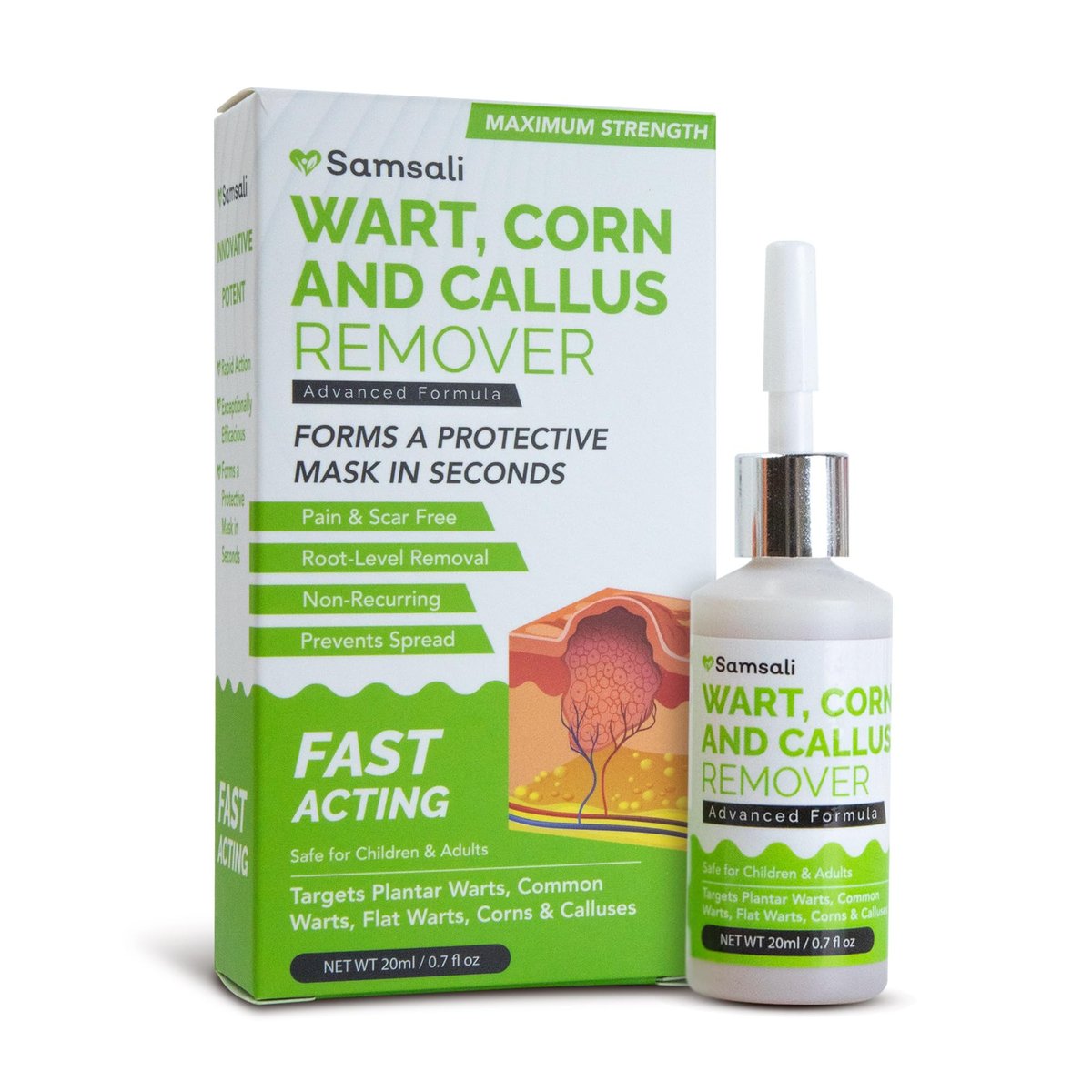 Samsali Flüssiger Plantarwarzenentferner: 20 ml Salicylsäure-Lösung zur Entfernung von Plantarwarzen, Dornwarzen, Hühneraugen und Hornhaut an Füßen, Zehen und Händen – Sicher für Jugendliche, Erwachsene, Senioren, Männer und Frauen