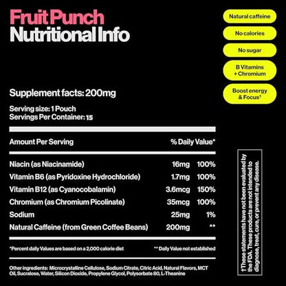 Wip Energy Pouches – Zuckerfreier Energiebeutel mit 200 mg natürlichem Koffein, B-Vitaminen, Mineralien & L-Theanin – Fruchtpunsch – 3 Dosen à 15 Beutel