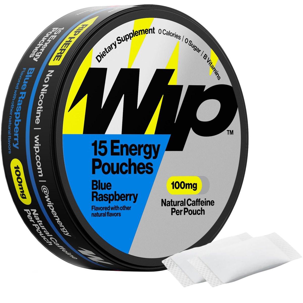 Wip Energy Pouches – Zuckerfreie Energiebeutel mit 100 mg natürlichem Koffein, B-Vitaminen, Mineralien & L-Theanin, Pre-Workout für aktive Lebensstile, Blaue Himbeere, 1 Dose, 15 Beutel