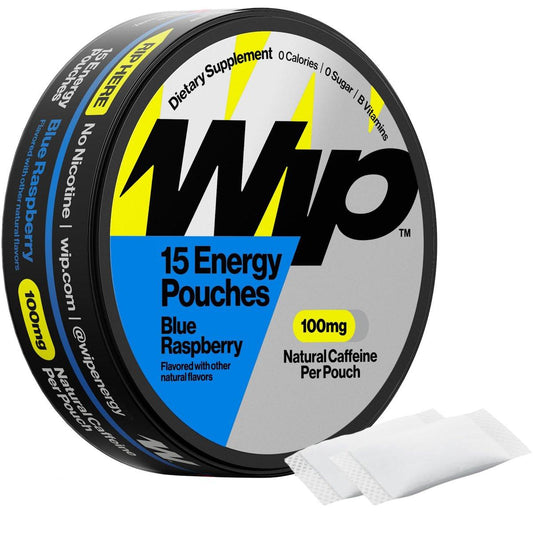 Wip Energy Pouches – Zuckerfreie Energiebeutel mit 100 mg natürlichem Koffein, B-Vitaminen, Mineralien & L-Theanin, Pre-Workout für aktive Lebensstile, Blaue Himbeere, 1 Dose, 15 Beutel