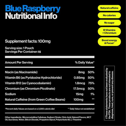 Wip Energy Pouches – Zuckerfreie Energiebeutel mit 100 mg natürlichem Koffein, B-Vitaminen, Mineralien & L-Theanin, Pre-Workout für aktive Lebensstile, Blaue Himbeere, 1 Dose, 15 Beutel