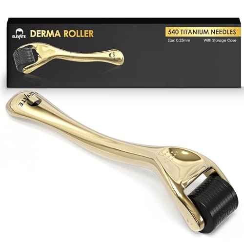 Elevate Derma Roller 0,25 mm – 540 Titan-Mikronadel-Rolle für Gesicht, Haut, Haare & Bart – inklusive Aufbewahrungsbox – Gold