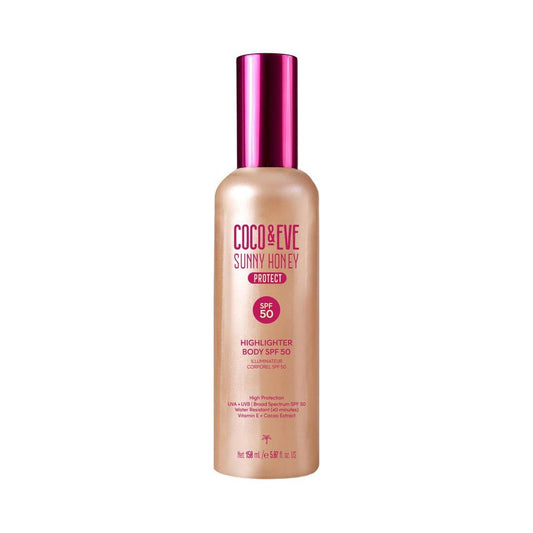 Coco & Eve Body Highlighter SPF 50 – Sonnenschutz mit Schimmer, Breitband UV-Schutz, Leichte Serum-Lotion mit Perlglanz-Mineralien & Vitamin E für hydratisierte & strahlende Haut, 150 ml