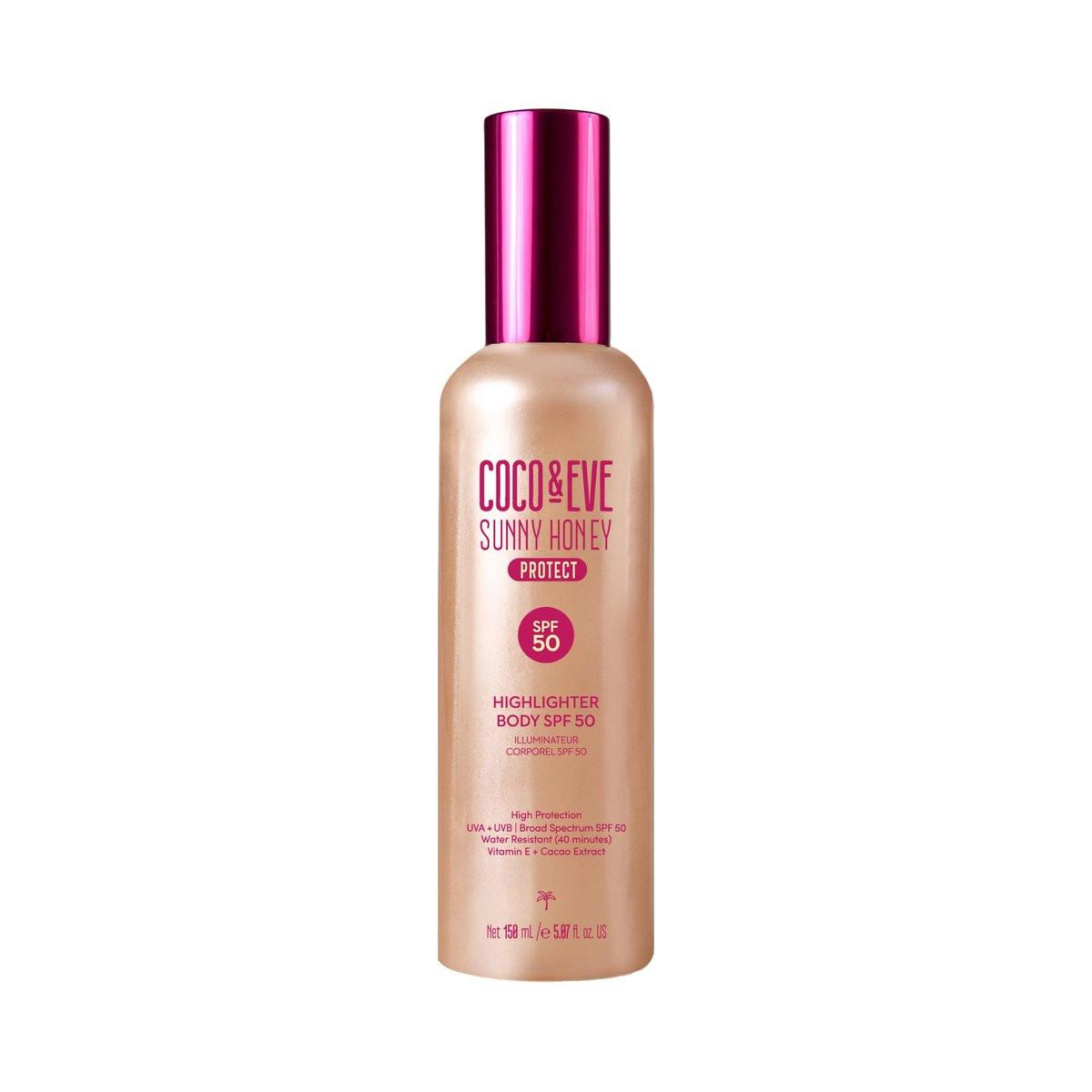 Coco & Eve Body Highlighter SPF 50 – Sonnenschutz mit Schimmer, Breitband UV-Schutz, Leichte Serum-Lotion mit Perlglanz-Mineralien & Vitamin E für hydratisierte & strahlende Haut, 150 ml
