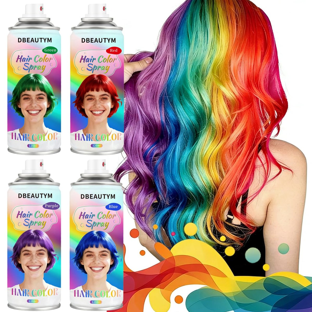 Vierfarben-Set temporärer Haarfarbspray für Kinder, Frauen und Männer – Auswaschbare natürliche Haarwachsfarbe, schnell trocknend, nicht klebrig, für Partys, Halloween, Cosplay, Weihnachten (Rot, Blau, Lila, Grün)