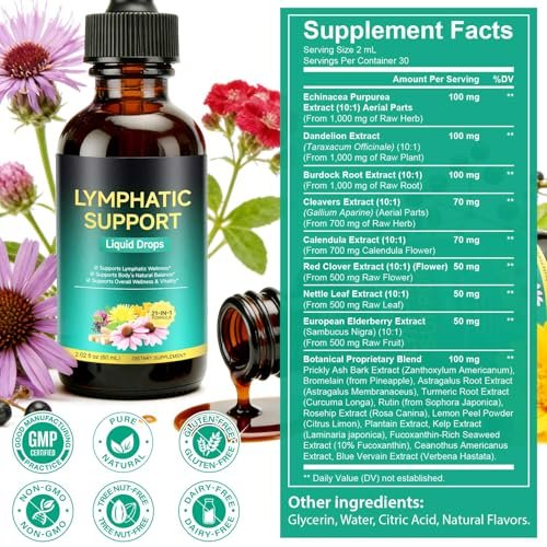 Lymphatische Drainage-Tropfen – Unterstützung mit Echinacea, Löwenzahn, Holunder, Klettenlabkraut, Astragalus, Klette & mehr, 60 ml – Natürliche Lymphreinigung & Immununterstützung