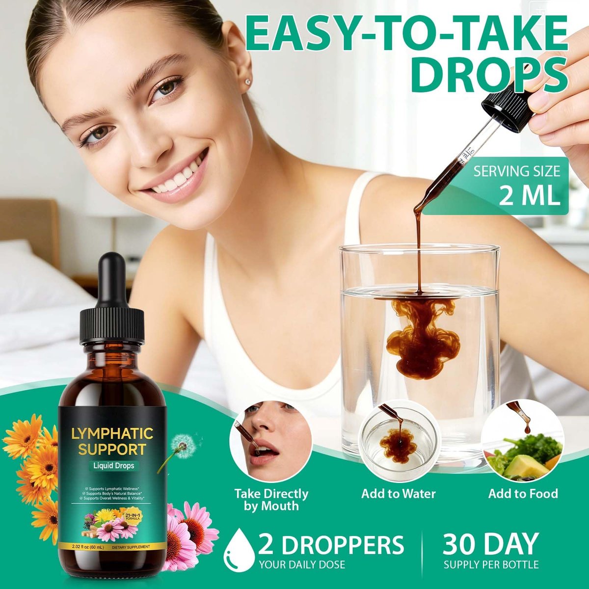 Lymphatische Drainage Tropfen – Natürliche Unterstützung für das Lymphsystem mit Echinacea, Löwenzahn, Holunder, Klettenlabkraut, Astragalus, Klette & mehr – 60 ml