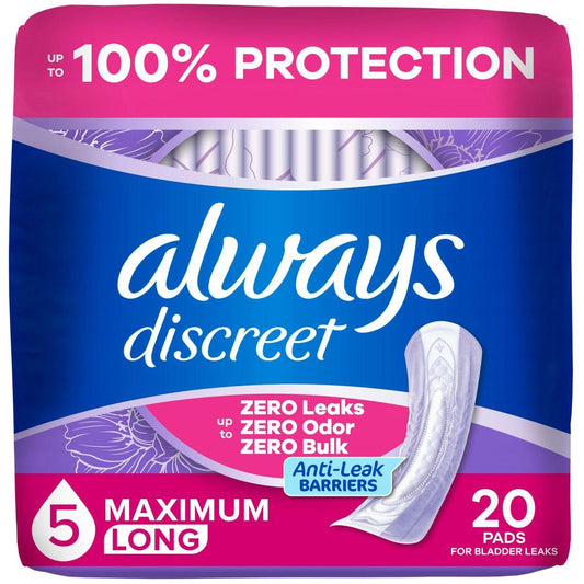 Always Discreet Inkontinenz-Pads für Damen, Maximale Saugfähigkeit, Lange Länge, Wochenbett-Einlagen, bis zu 100% Blasenschutz, 20 Stück