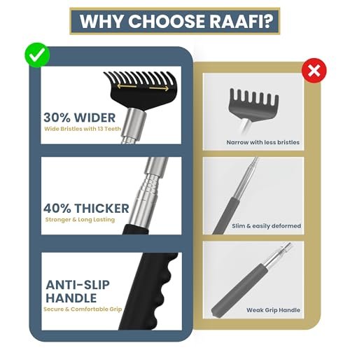 RAAFI Robuster Teleskop-Rückenkratzer – Extra breiter Kopf, Edelstahlgriff, von 20 cm bis 69 cm ausziehbar, sofortige Juckreizlinderung für Männer und Frauen, Geschenkbox