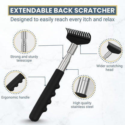 RAAFI Robuster Teleskop-Rückenkratzer – Extra breiter Kopf, Edelstahlgriff, von 20 cm bis 69 cm ausziehbar, sofortige Juckreizlinderung für Männer und Frauen, Geschenkbox