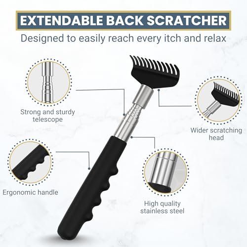 RAAFI Robuster Teleskop-Rückenkratzer – Extra breiter Kopf, Edelstahlgriff, von 20 cm bis 69 cm ausziehbar, sofortige Juckreizlinderung für Männer und Frauen, Geschenkbox