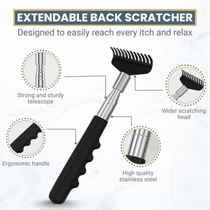 RAAFI Robuster Teleskop-Rückenkratzer – Extra breiter Kopf, Edelstahlgriff, von 20 cm bis 69 cm ausziehbar, sofortige Juckreizlinderung für Männer und Frauen, Geschenkbox