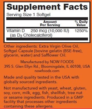 NOW Foods Vitamin D-3 10.000 IE – Höchste Potenz, 200 Weichkapseln für Knochen- & Immununterstützung