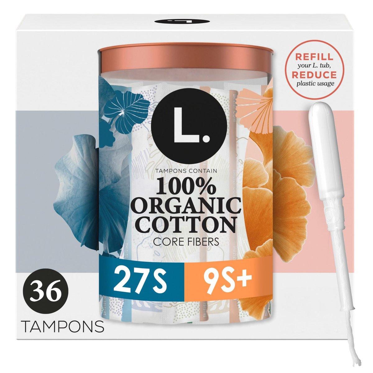 L. Tampons aus Bio-Baumwolle, Super/Super Plus Saugstärke, Multipack, ohne synthetische Pestizide, Rayon oder Duftstoffe, Applikator ohne BPA, auslaufsicheres Design, 36 Stück