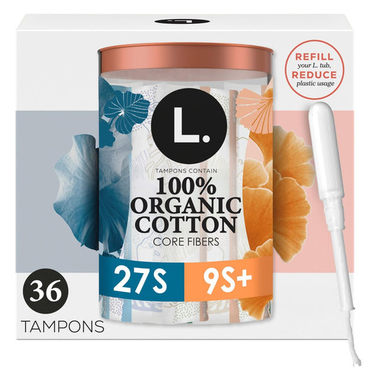 L. Tampons aus Bio-Baumwolle, Super/Super Plus Saugstärke, Multipack, ohne synthetische Pestizide, Rayon oder Duftstoffe, Applikator ohne BPA, auslaufsicheres Design, 36 Stück