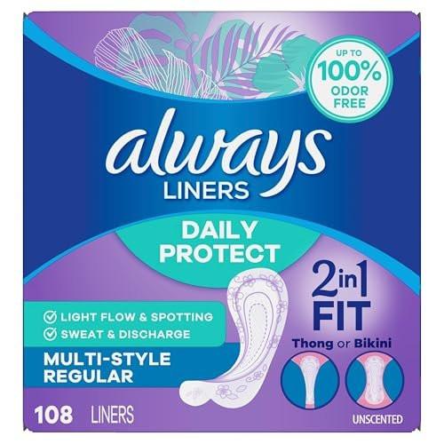 Always Daily Protect Multi-Style Einlagen, reguläre Länge, unparfümierte Slipeinlagen, bis zu 100% geruchsfrei und ohne Duftstoffe, Cleanguard Quilted Kern absorbiert Feuchtigkeit und Gerüche, 108 Stück