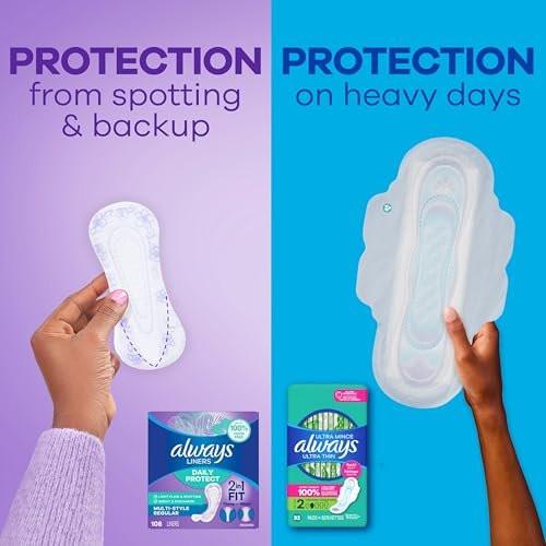 Always Daily Protect Multi-Style Einlagen, reguläre Länge, unparfümierte Slipeinlagen, bis zu 100% geruchsfrei und ohne Duftstoffe, Cleanguard Quilted Kern absorbiert Feuchtigkeit und Gerüche, 108 Stück