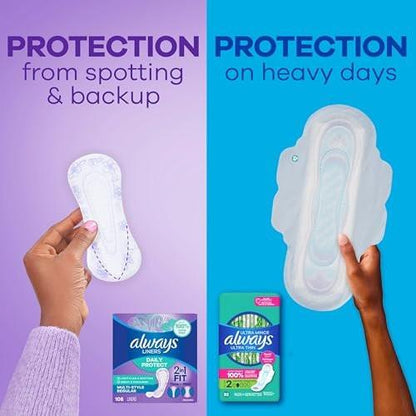 Always Daily Protect Multi-Style Einlagen, reguläre Länge, unparfümierte Slipeinlagen, bis zu 100% geruchsfrei und ohne Duftstoffe, Cleanguard Quilted Kern absorbiert Feuchtigkeit und Gerüche, 108 Stück