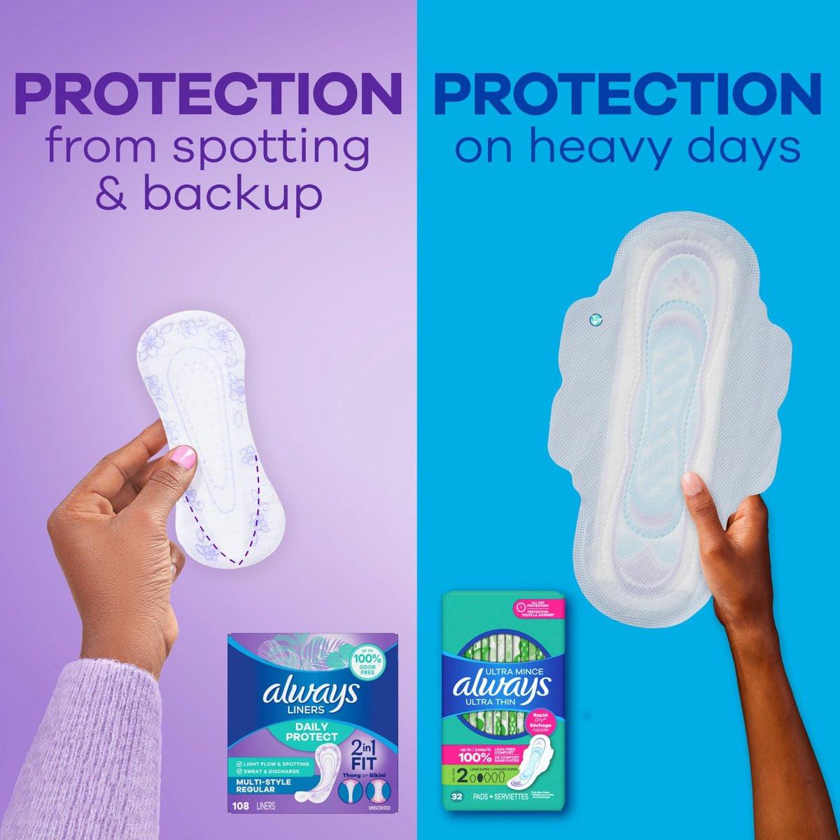 Always Daily Protect Multi-Style Einlagen, reguläre Länge, unparfümierte Slipeinlagen, bis zu 100% geruchsfrei und ohne Duftstoffe, Cleanguard Quilted Kern absorbiert Feuchtigkeit und Gerüche, 108 Stück