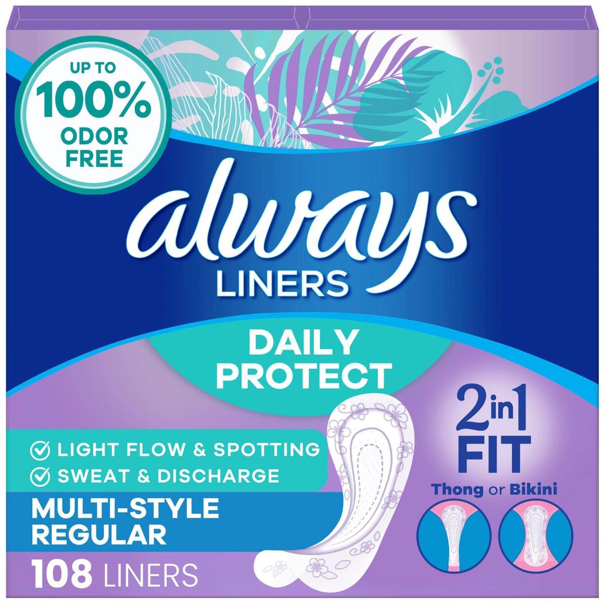Always Daily Protect Multi-Style Einlagen, reguläre Länge, unparfümierte Slipeinlagen, bis zu 100% geruchsfrei und ohne Duftstoffe, Cleanguard Quilted Kern absorbiert Feuchtigkeit und Gerüche, 108 Stück