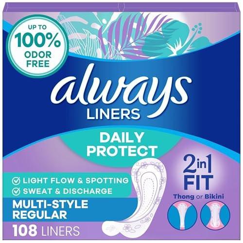 Always Daily Protect Multi-Style Einlagen, reguläre Länge, unparfümierte Slipeinlagen, bis zu 100% geruchsfrei und ohne Duftstoffe, Cleanguard Quilted Kern absorbiert Feuchtigkeit und Gerüche, 108 Stück
