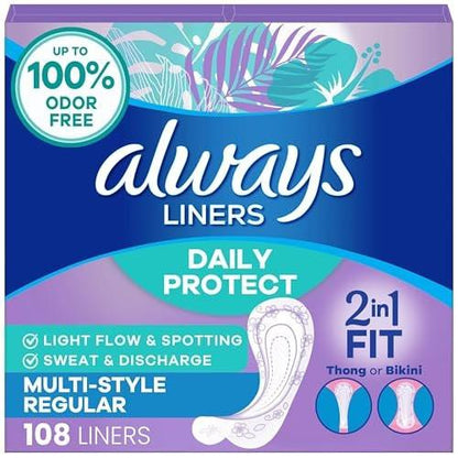 Always Daily Protect Multi-Style Einlagen, reguläre Länge, unparfümierte Slipeinlagen, bis zu 100% geruchsfrei und ohne Duftstoffe, Cleanguard Quilted Kern absorbiert Feuchtigkeit und Gerüche, 108 Stück