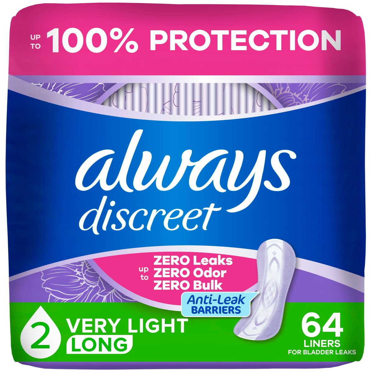 Always Discreet Inkontinenz Slipeinlagen für Frauen bei Blasenschwäche, Größe 2, sehr leichte Saugstärke, lange Länge, bis zu 100 % Blasenschutz, 64 Stück