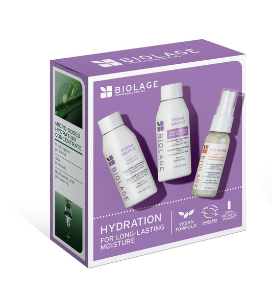Biolage Hydra Source Reisegröße Trio Set – Mini Hydra Source Shampoo, Conditioner & All-in-One Spray für trockenes Haar, spendet intensive Feuchtigkeit, entwirrt und verleiht Glanz, 3-teiliges Mini-Set